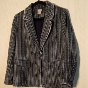 Chico's Navy and Gray Striped Blazer With Silver Metallic Threat Throughout.